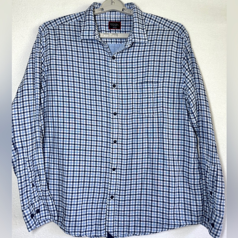 Untuckit Blue Plaid Soligo Shirt XXL Mens Checkered 100% Cotton Soft Gingham